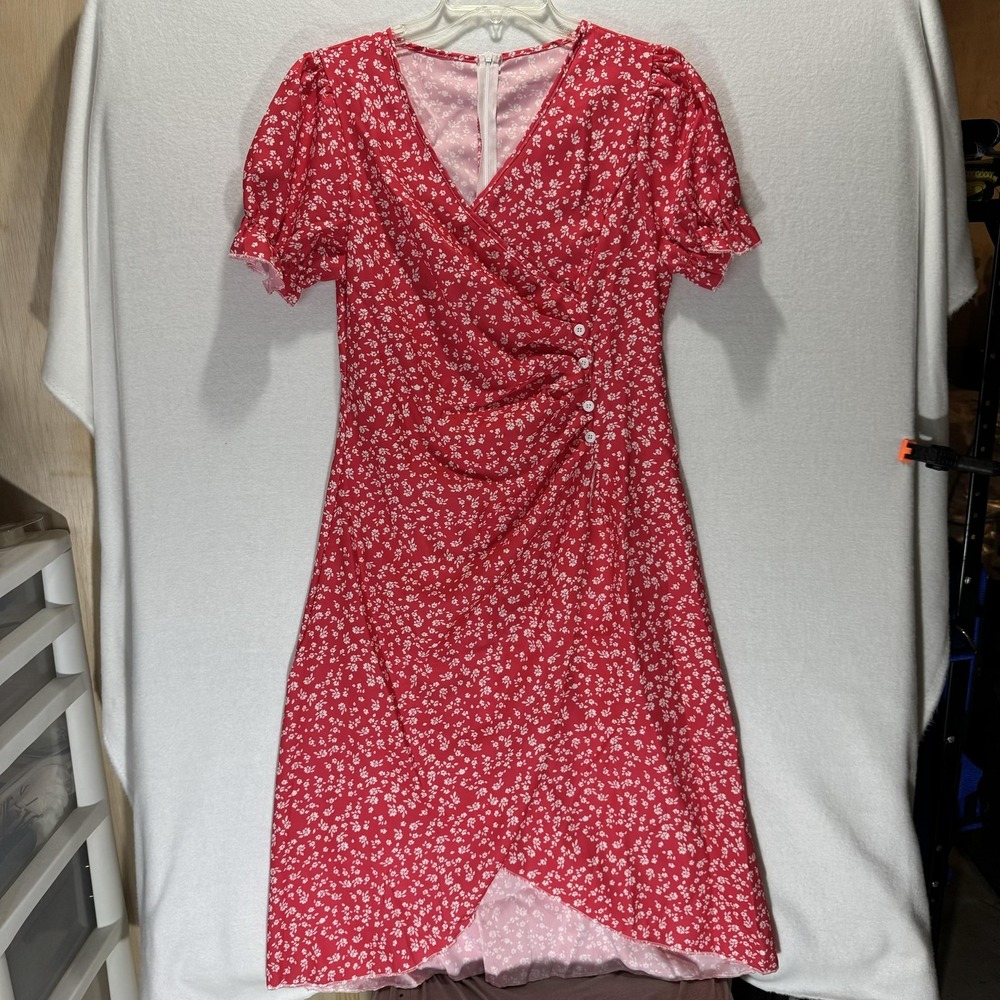 Red Floral Dress Womens Large V Neck Ruched Wrap Short Sleeve Summer Button Deta